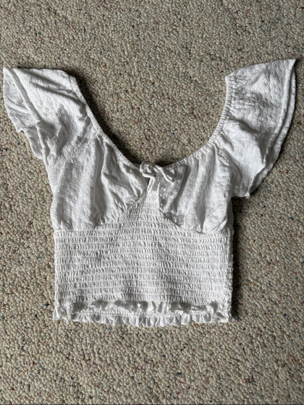Billabong White Smocked Off-Shoulder Crop